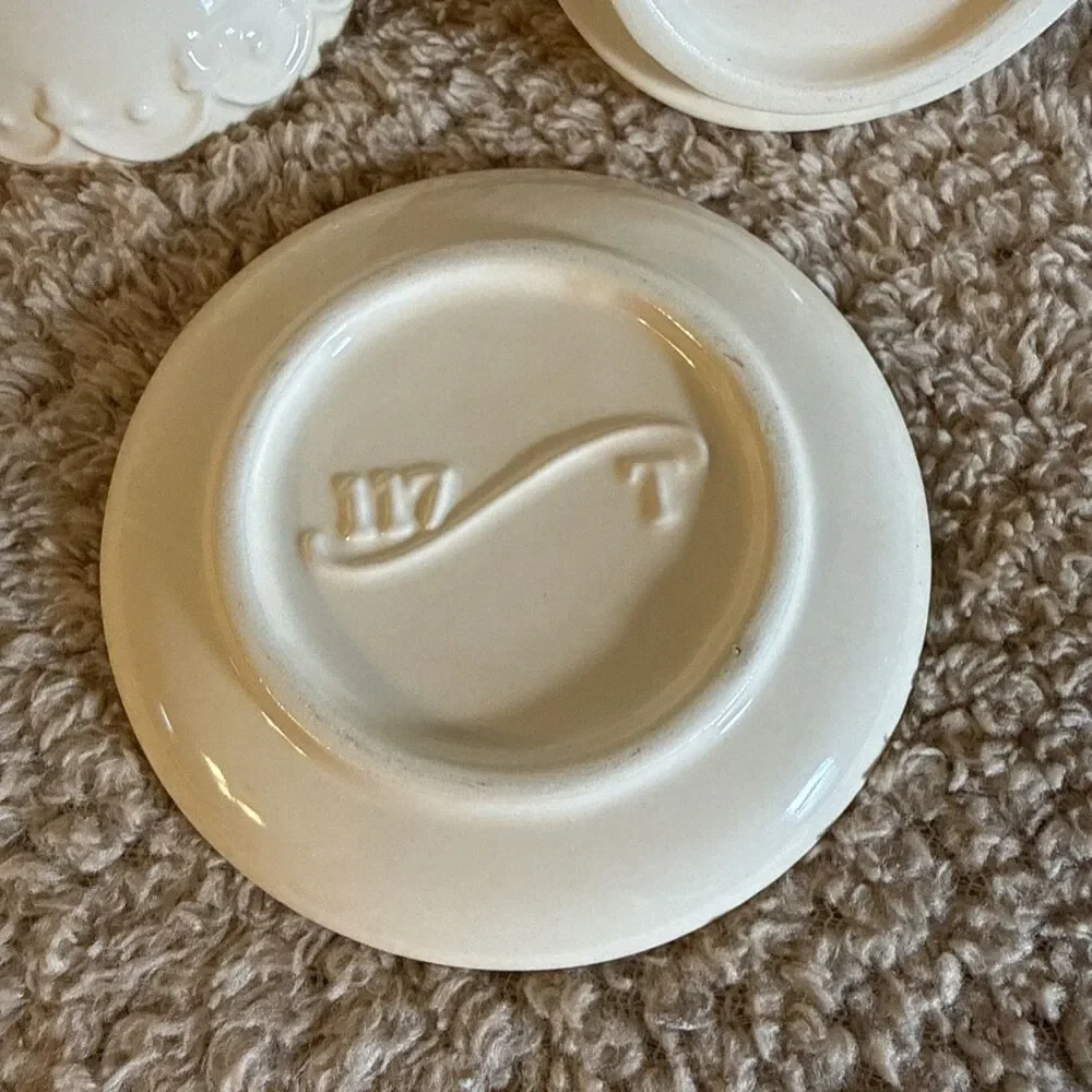 Fine Porcelain Teapot Salt & Pepper Shaker w Saucer Embossed Fleur-de-lis 4”